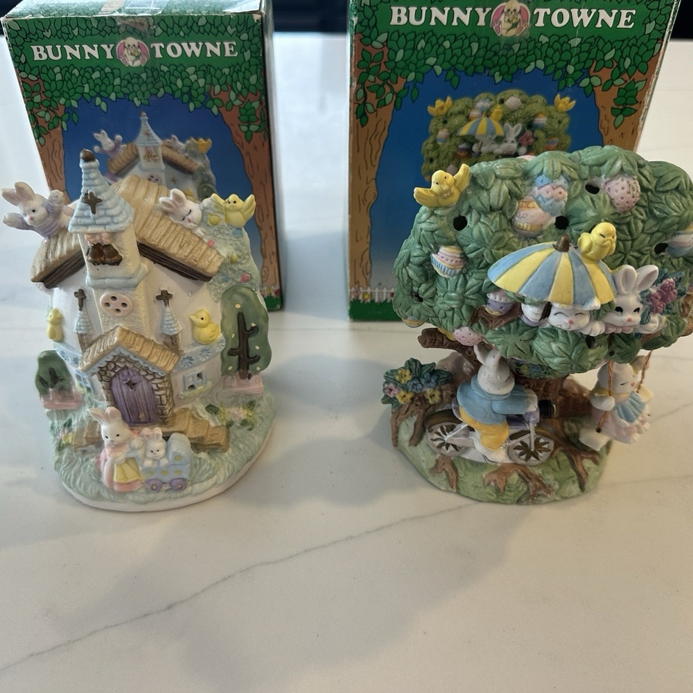 Bunny Towne Ceramic Easter‎ Village Church & Tree House Vintage